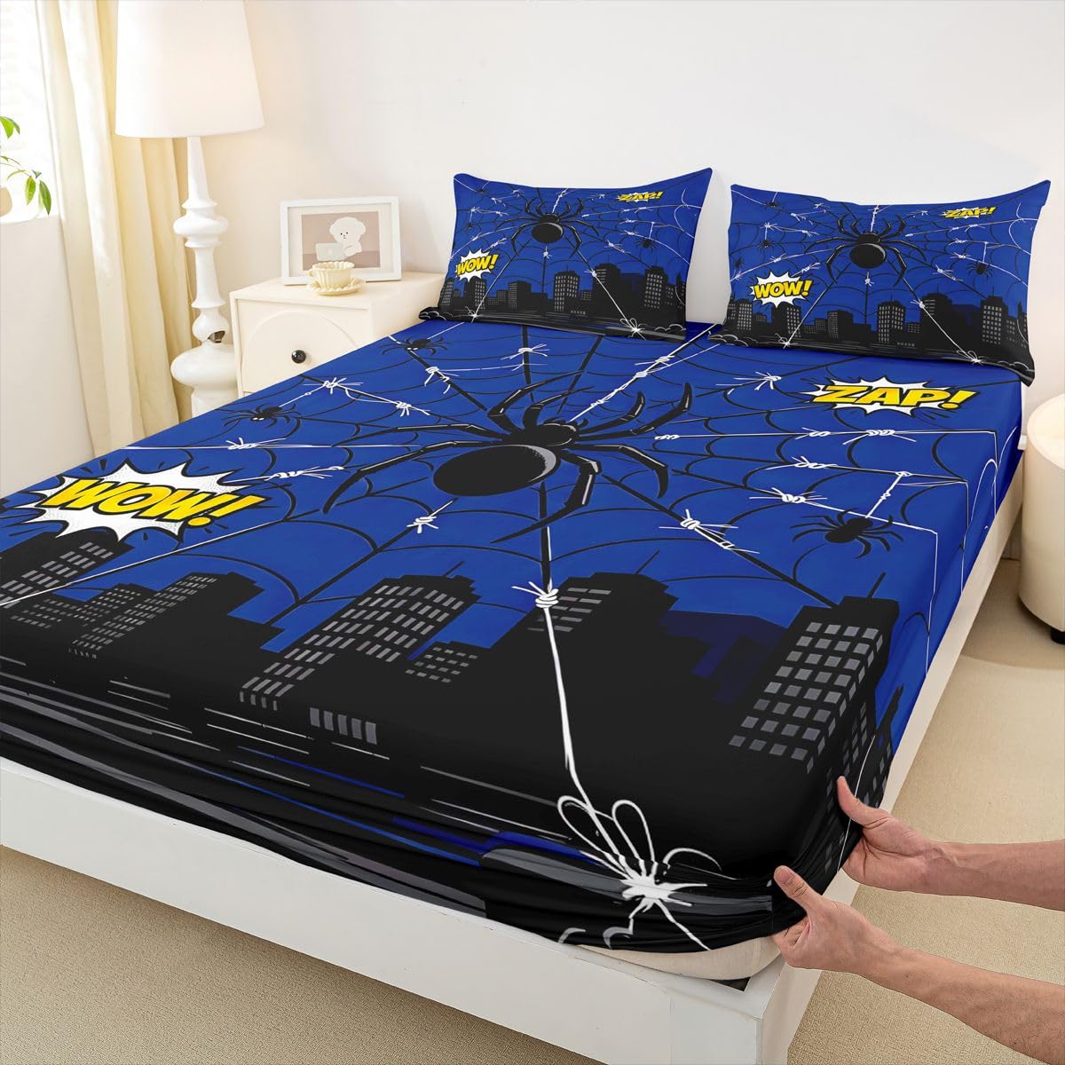 Black Spider Web Fitted Sheets Full Size (No Flat),Cartoon City Nightscape Bedding Set 3Pcs,Kids Teens Woman Room Decor,Anime Style Urban Bed Sheet Hero Themed Lover Deep Pocket Sheet,2 Pillowcases