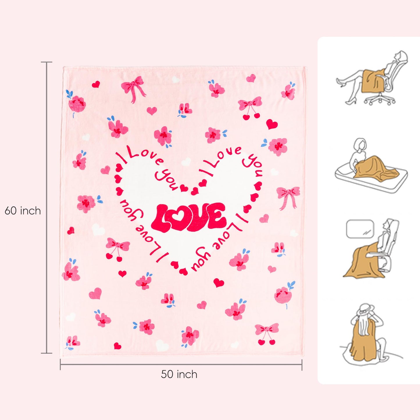 Battilo Birthday Gifts for Women, Girlfriend, Wife, Best Friend, Mom, Sister, Mothers Day Blanket, Love Blanket, Super Soft Flannel Throw Blankets for Bed Couch Sofa,50 x 60, Pink