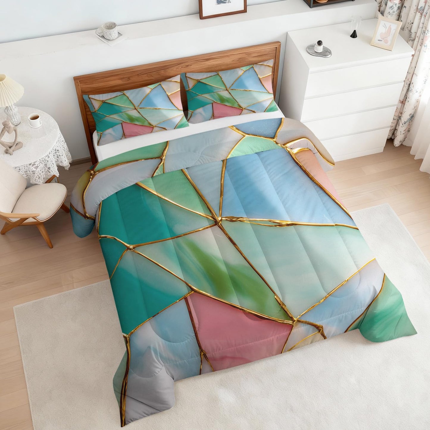 Flumoxa Stained Glass Comforter Set Full, Blue Green Marble Comforter Down Alternative All Season Bedding, Stained Glass Bed Sets Full Size with Pillowcase, Bedroom Decor