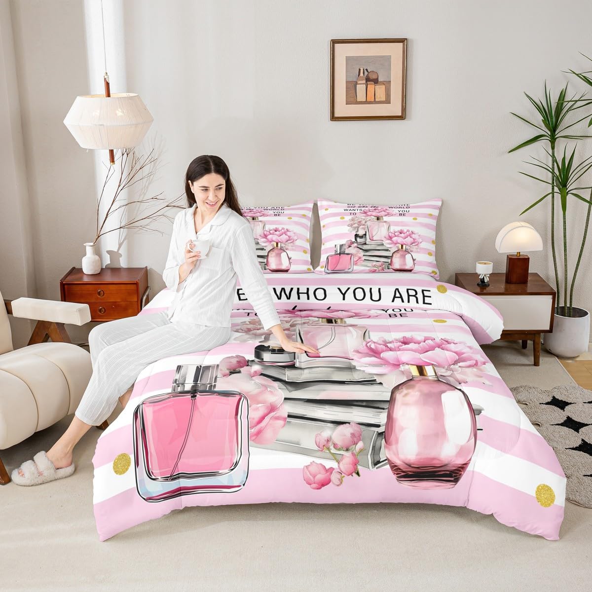 Erosebridal Girly Fashion Comforter King Size Girls Pink and White Striped Bedding Set for Kids Teens Women Modern Pretty Aesthetic Duvet Insert Coquette Fantasy Perfume Boho Trendy Quilt Set