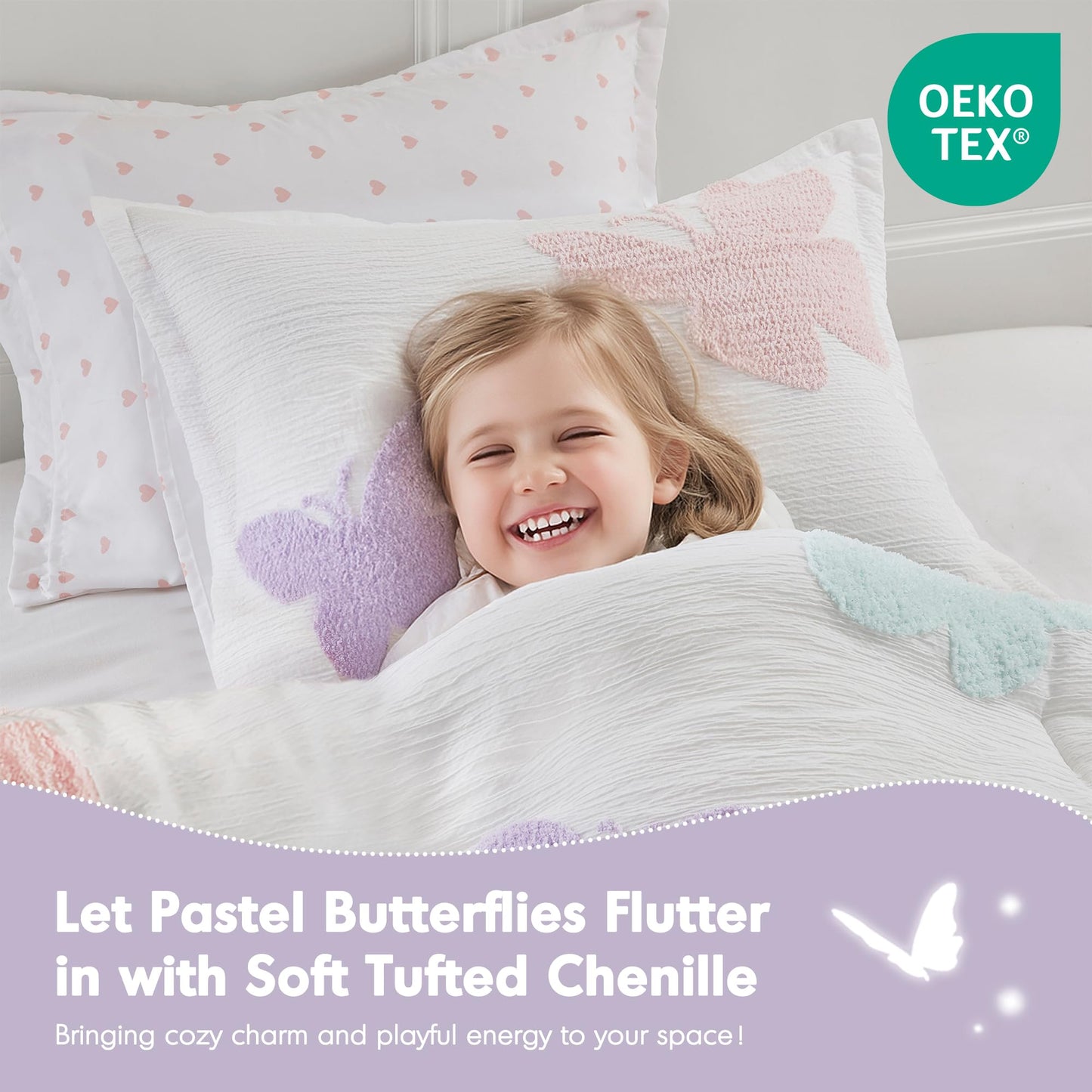 Intelligent Design Kids Rio Full/Queen Duvet Set – Girls’ Reversible Tufted Chenille Bedding with Pastel Purple Butterflies and Pink Dot, 3pcs