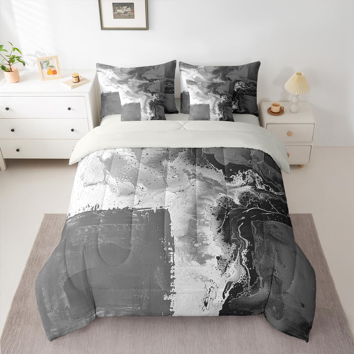 Feelyou Abstract Comforter Set with Sheets 7 Piece King Size Modern Abstract Art Bedding Set for Kids Boys Girls Luxury Bed in a Bag Geometric Room Decor Balck Gray Soft Lightweight Microfiber
