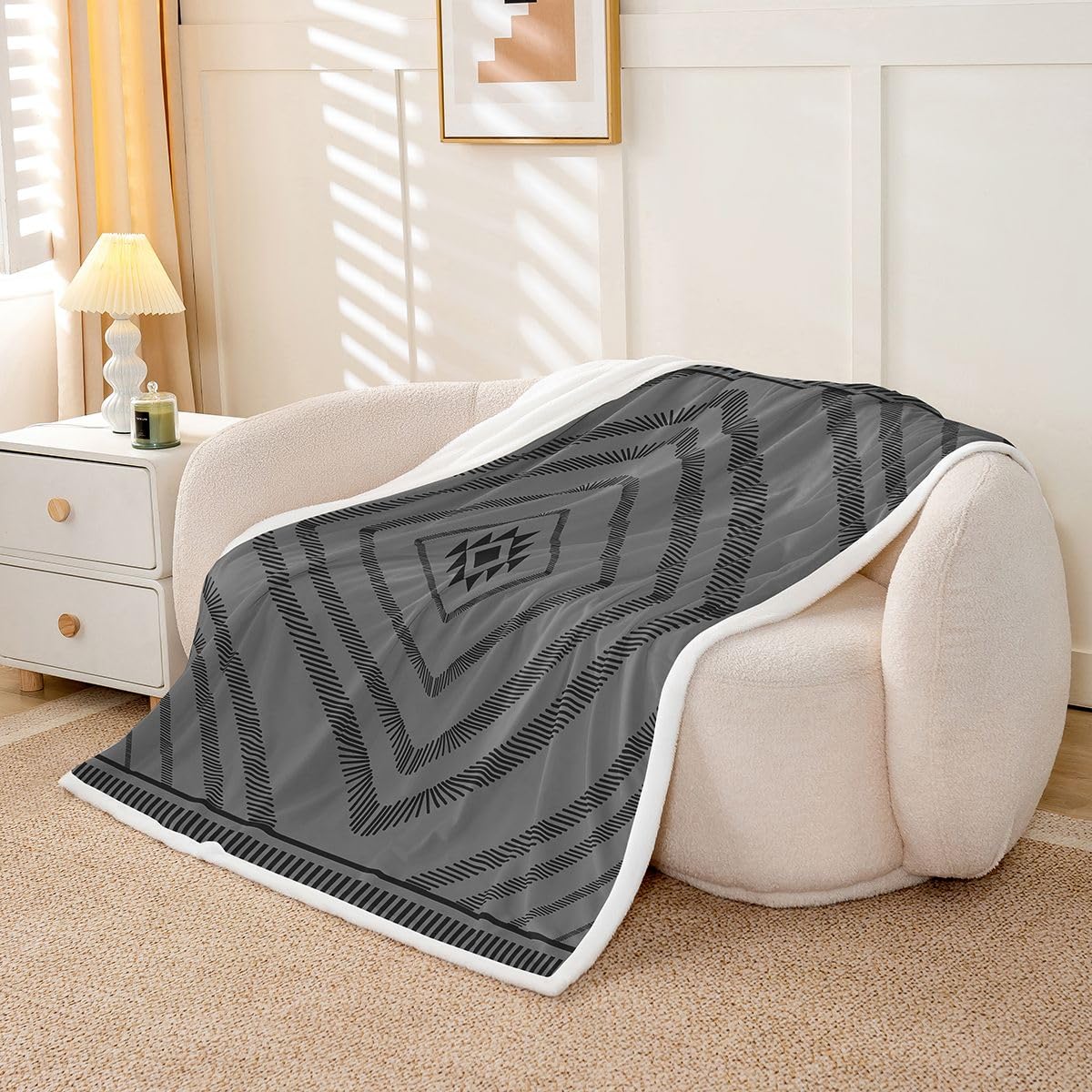 Feelyou Aztec Sherpa Blanket Plush Fuzzy Boho Fleece Throw Blanket Boys Girls Black Moroccan Style for Bed Couch Chair Living Room Classic Diamond Pattern Bedroom Decor 40"x50"