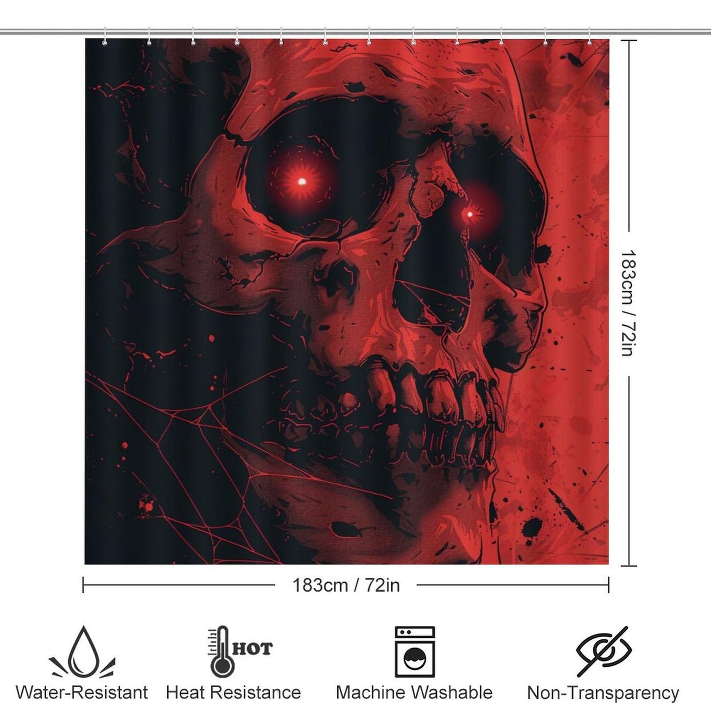 TOWINSFB 4Pcs Halloween Creepy Skull Shower Curtain Set with Toilet Lid Cover Non-Slip Rugs for Bathroom, Fantasy Red Gothic Skeleton Cobweb Shower Curtain Bathroom Sets with Hooks, 72x72 Inch