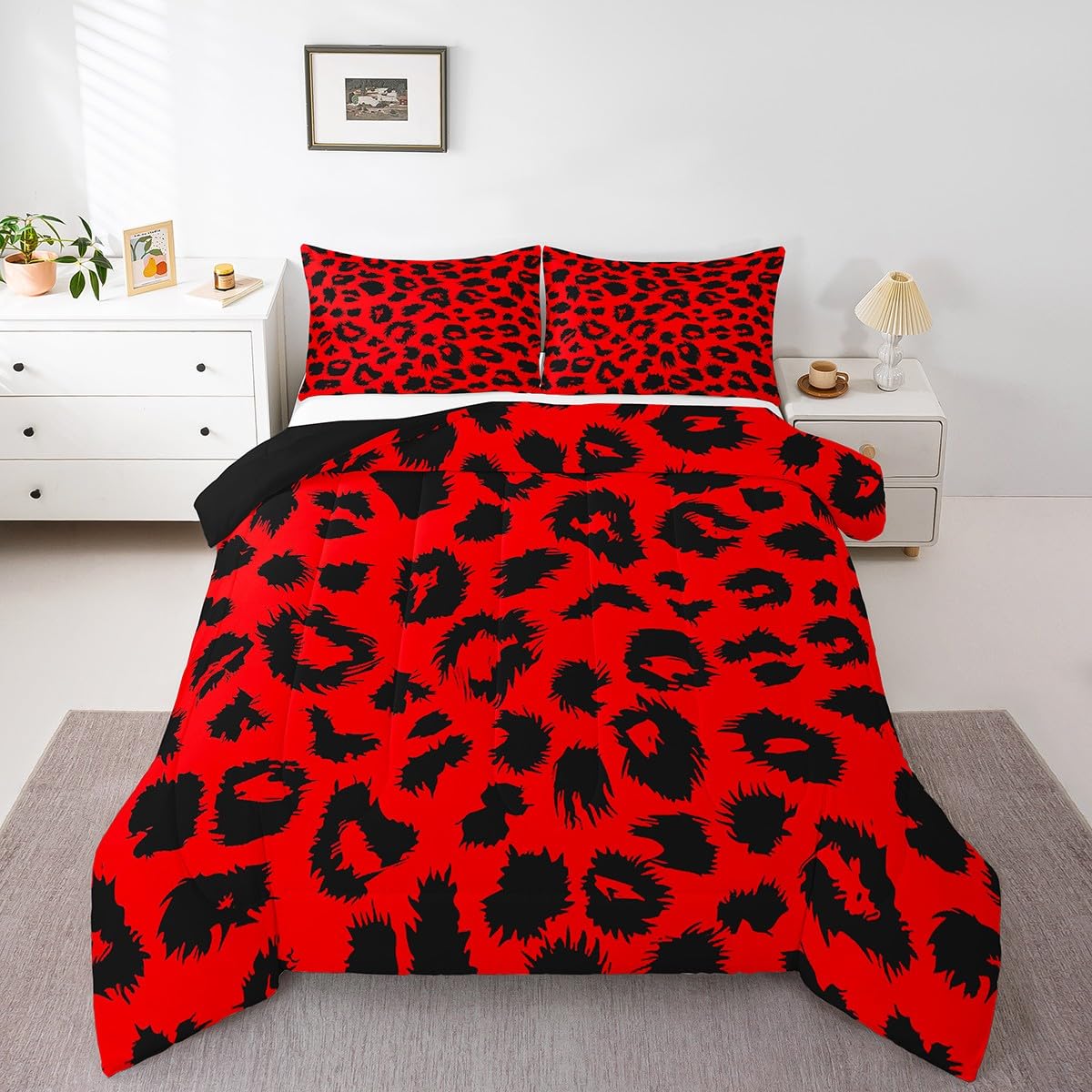 Erosebridal Cheetah Print Comforter Set Twin,Red and Black Leopard Down Comforter for Kids Boys Girls Bedroom,Afric Safari Animal Print Bedding Set Retro Wildlife Bedding Quilt Sets 1 Pillow Case