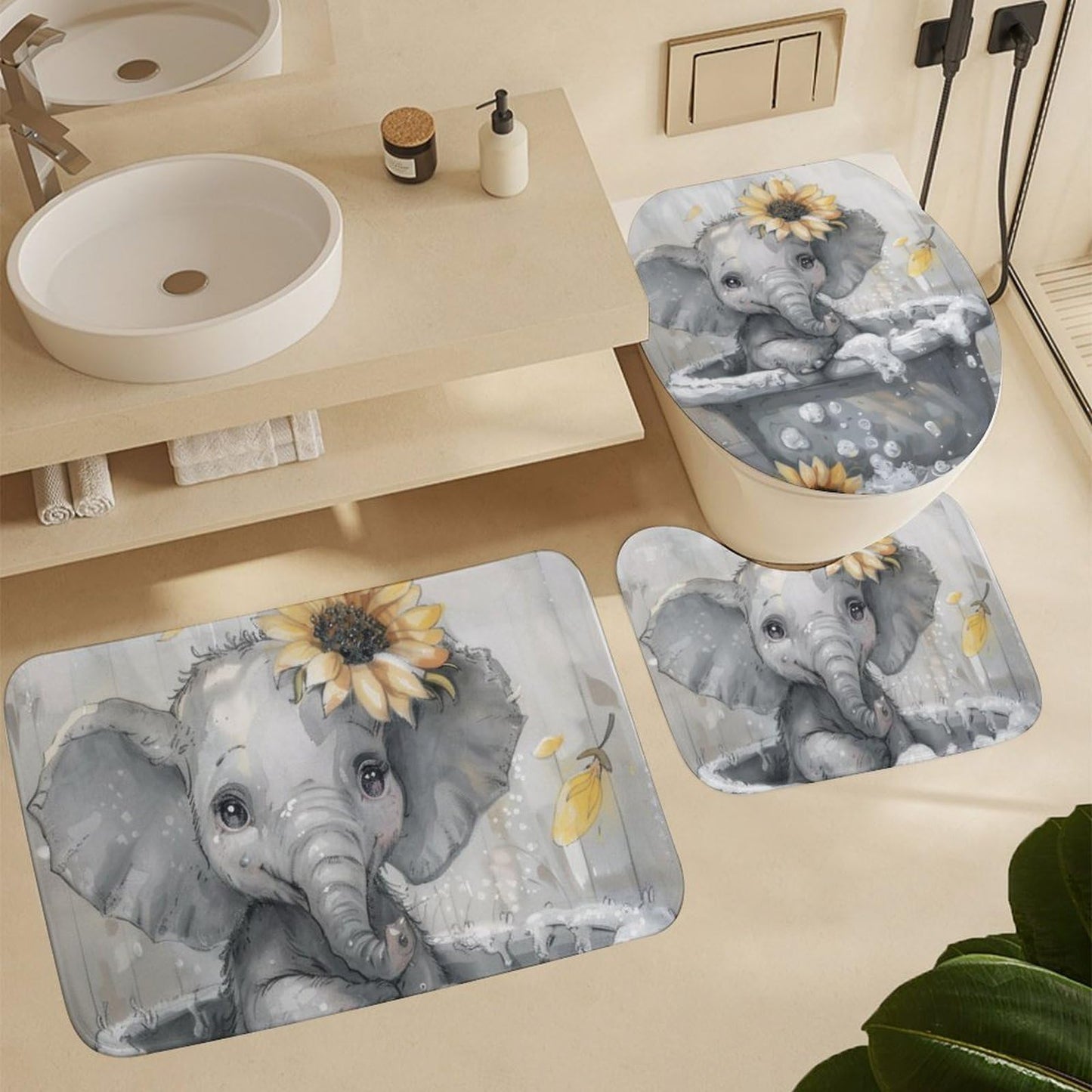 FOCCAFB 4 Piece Vintage Abstract Elephant Shower Curtain Set with Rugs, Bathtub Animal Sunflower Floral Include Bathroom Non-Slip Floor Mat, U-Shaped Bath Rug and Toilet Cover Lid with 12 Hooks