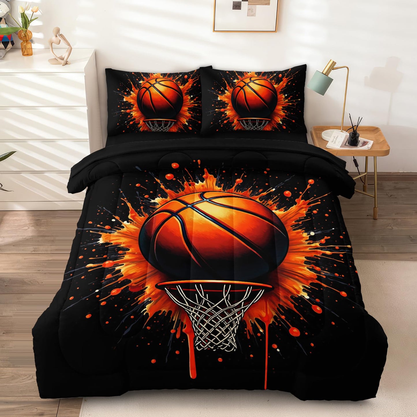 HICAND 5 Pcs Basketball Full Bedding Set for Boys Teens, Full Size Sports Cool Basketball Boys Comforter Set with Sheets