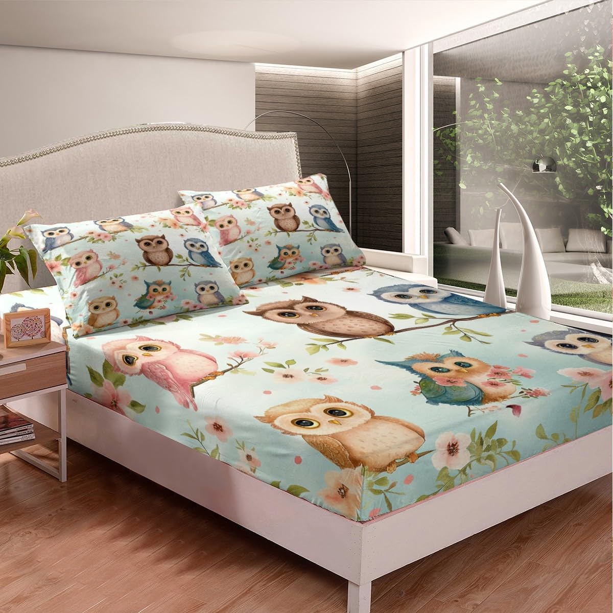 Cute Owl Kids Fitted Sheet Full Size,Peach Blossom Tree Branch Romantic Bedding Set,Boys Girls Room Decor,Cartoon Wild Animal Rustic Bed Cover,Pink Green Bed Sheet,2 Pillowcases