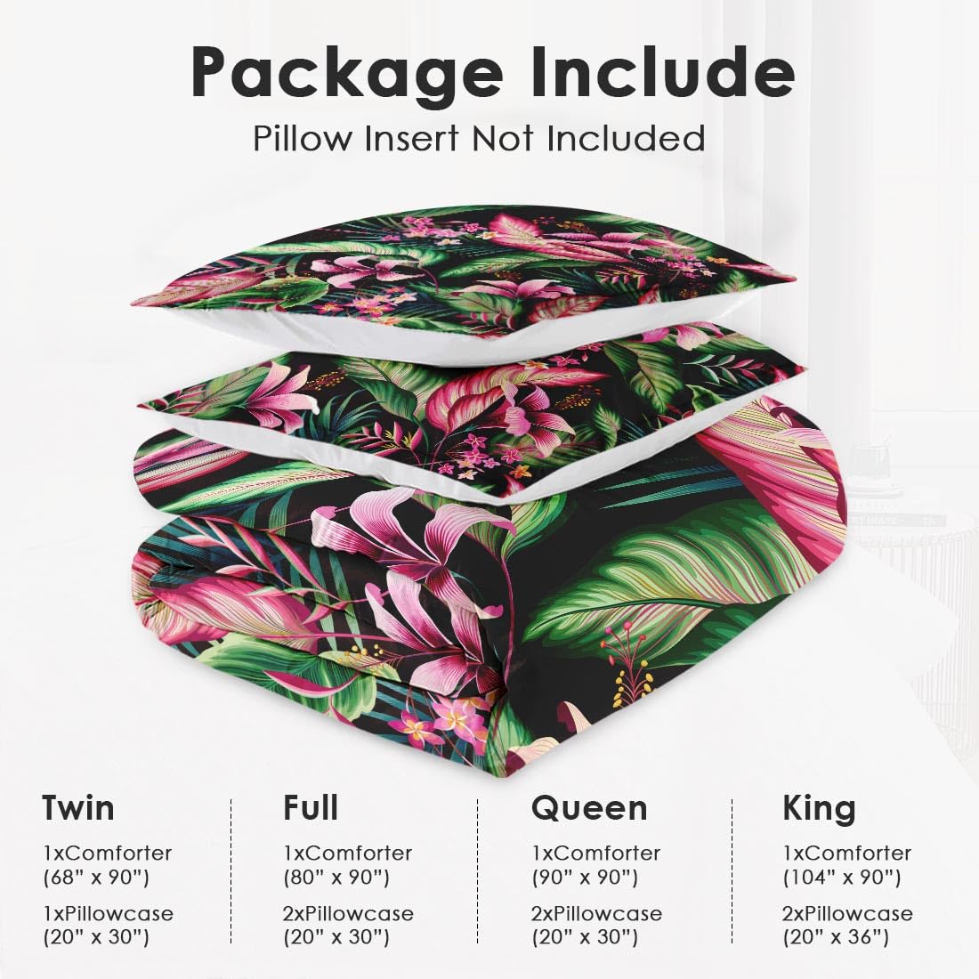 WeCozy Queen Size Comforter Set with 2 Pillowcases, Tropical Leaves Flower Hibiscus Soft 3 Pcs Bedding for Kids and Adults Bedroom Bed Decor