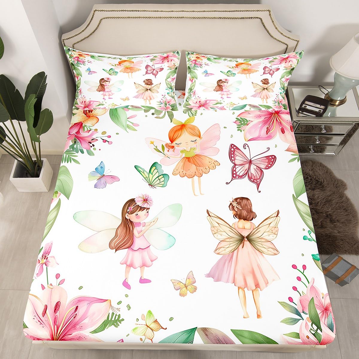 Erosebridal Fairy Garden Twin Bedding Set,Pink Floral Butterfly Fitted Sheet for Girls Kids,Dreamy Flower Girly Bed Set,Coquette Flowers Bed Sheets 2Pcs Room Decor (No Flat Sheet)