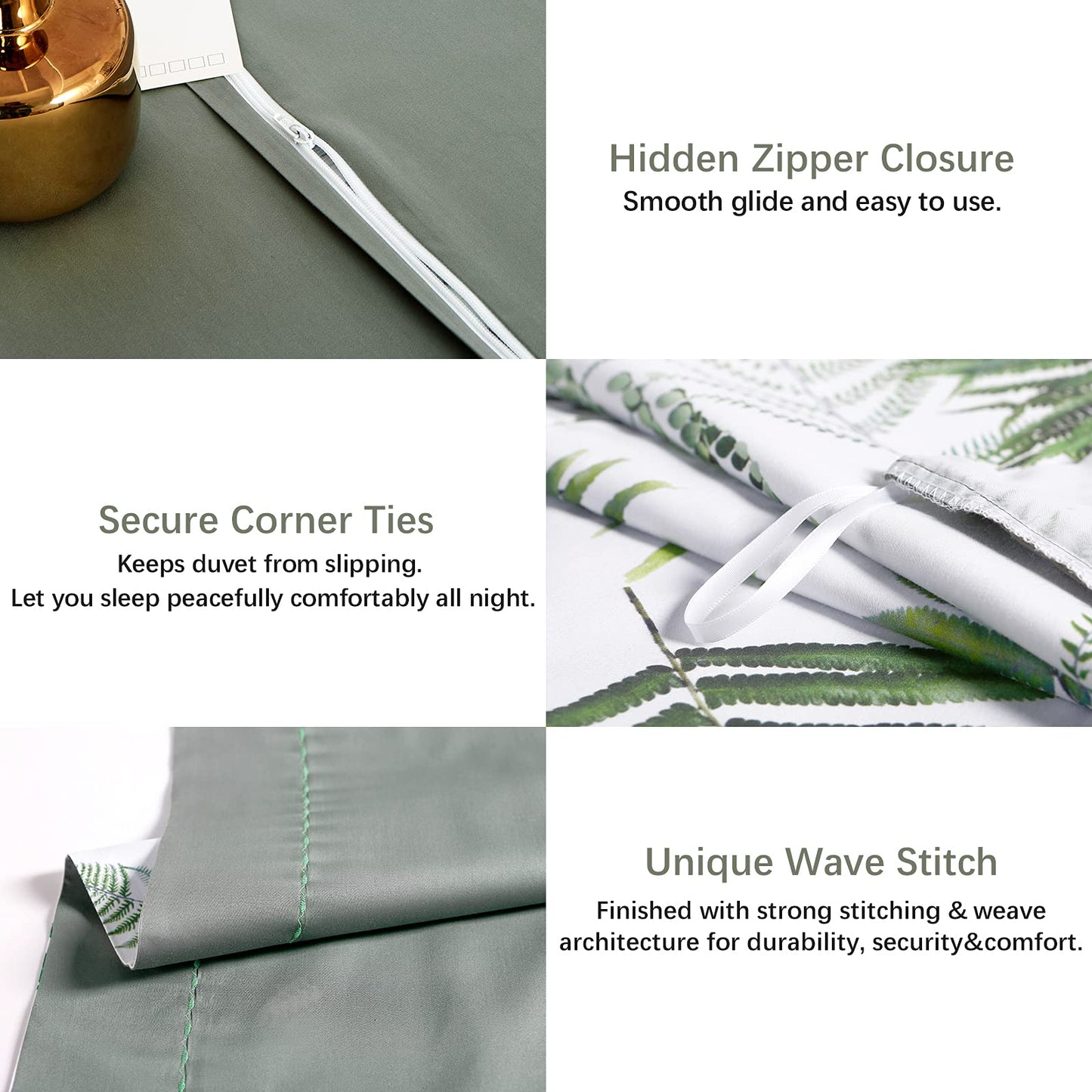 MILDLY Floral Duvet Cover Set - 100% Long-Staple Cotton Green Palm Leaf Pattern Printed Tropical Comforter Cover 3pcs Soft Breathable Luxury Bedding for All Season