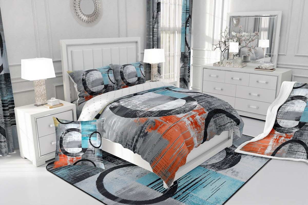 Feelyou Abstract Bedding Set Soft Modern Abstract Art Comforter Set Full Size Geometric Duvet Quilt Luxury Bedroom Decor Orange Blue 3 Pcs with 2 Pillow Cases