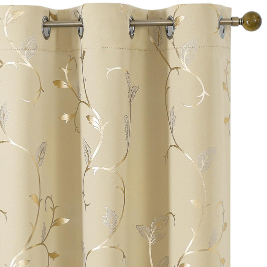 BUHUA Blackout Curtains Gold Foil Print Flower Vine Grommet Drapes, Room Darkening Thermal Insulated Curtains, Noise Reducing Blackout Curtain for Bedroom, Beige, 38Wx72L, 2 Panels