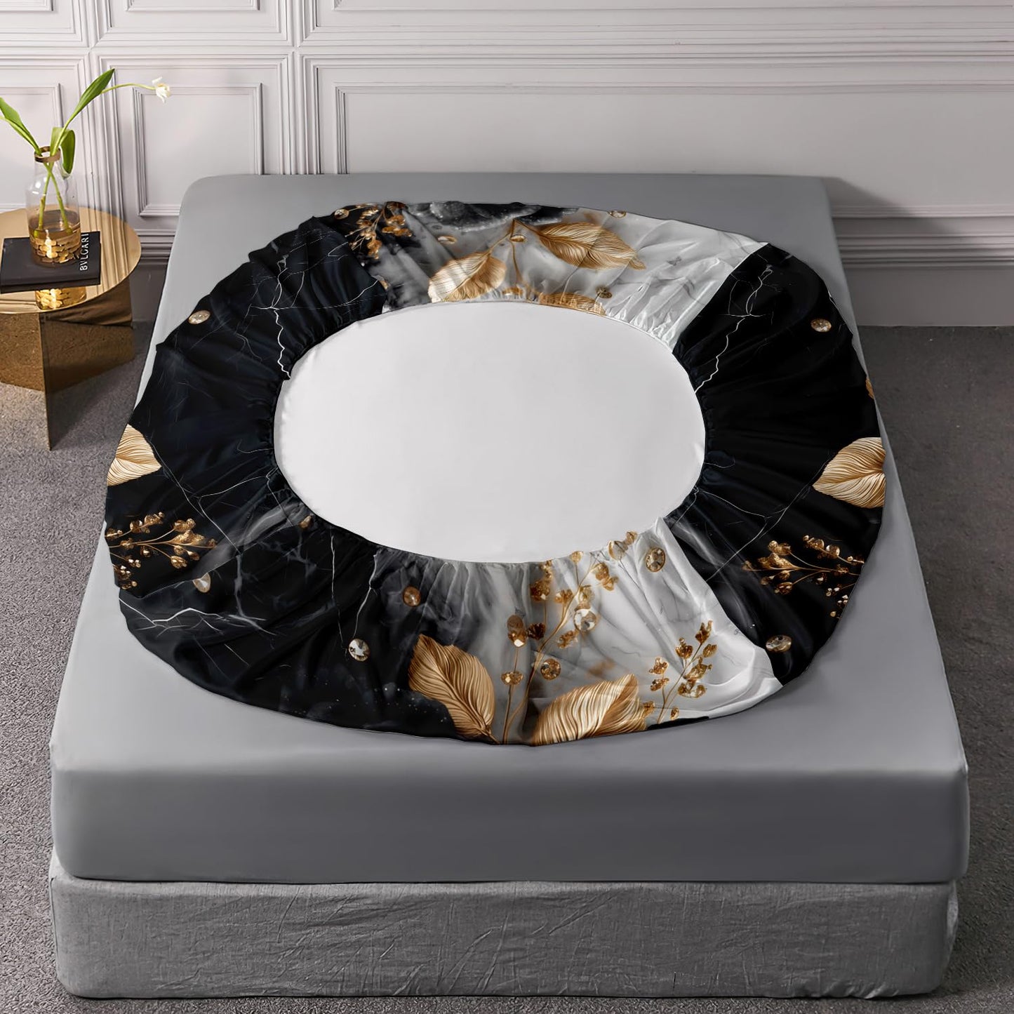 HOSIMA Floral Twin Bedding Sets for Women,Black White Marble Grain Ink Fluid Art Fitted Sheet for Girls Room Decor,Golden Leaves Pattern Lightweight Floral Bedding,1 Fitted Sheet+2 Pillowcases.