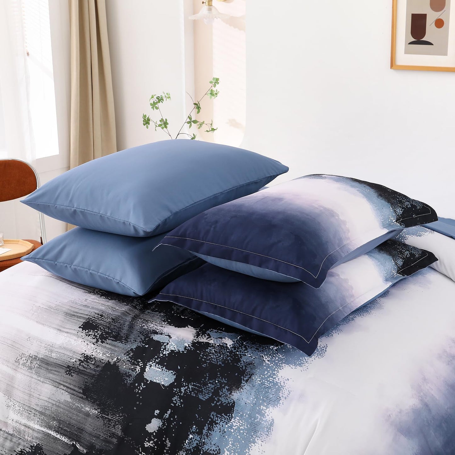Dinjoy Ombre Blue Comforter Set Queen Size Gradient Navy Blue Black Boho Bedding Set for Teen Men Women 7 Pieces Bed in A Bag Bohemian Bed Set with Comforter, Sheets, Pillowcases & Shams