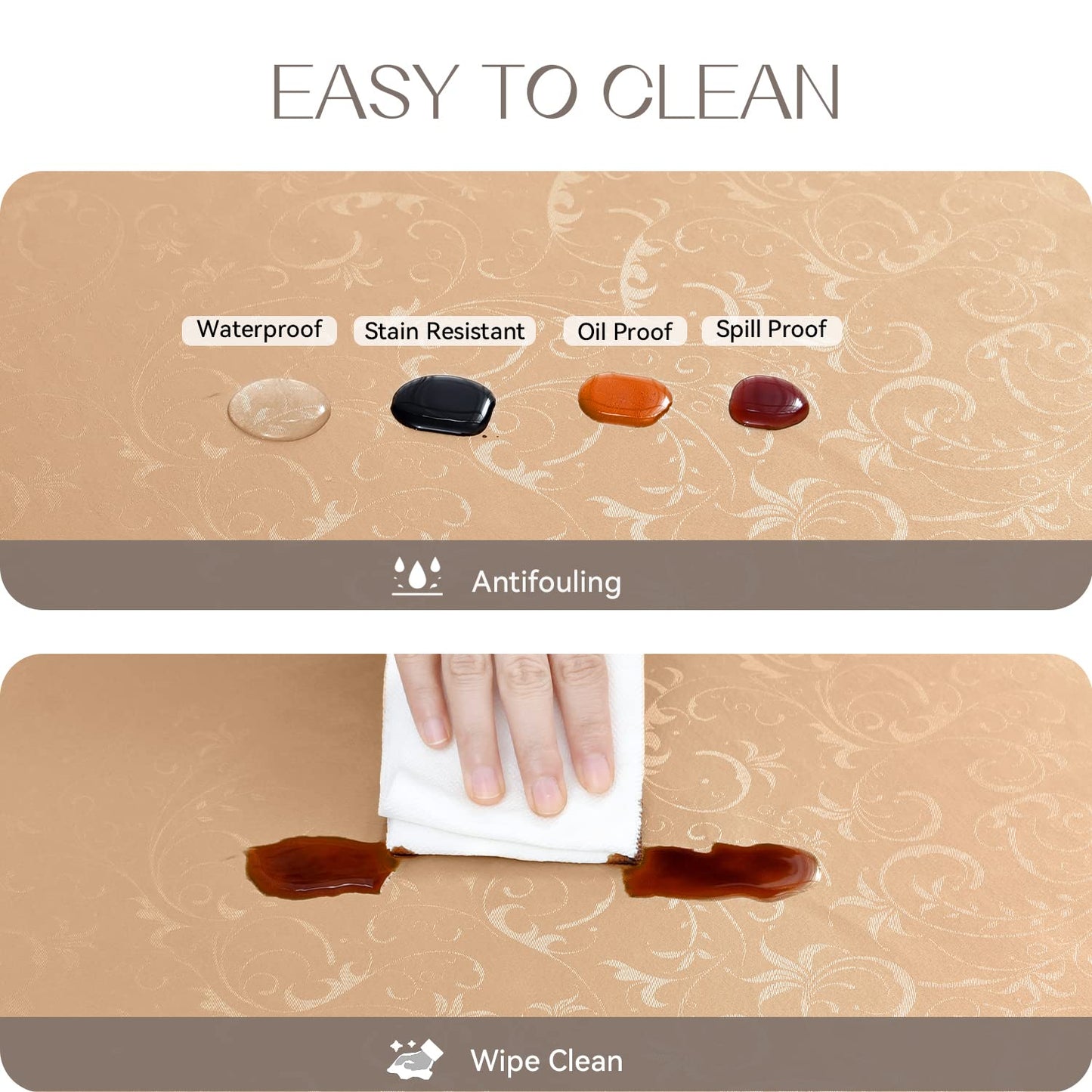 Romanstile Rectangle Vinyl Tablecloth,100% Waterproof Heavy Duty Oil Spill Proof Stain Resistant Plastic PU Table Cover with Flannel Backing for Kitchen, Dining (Flower Champagne, 52 x 70)
