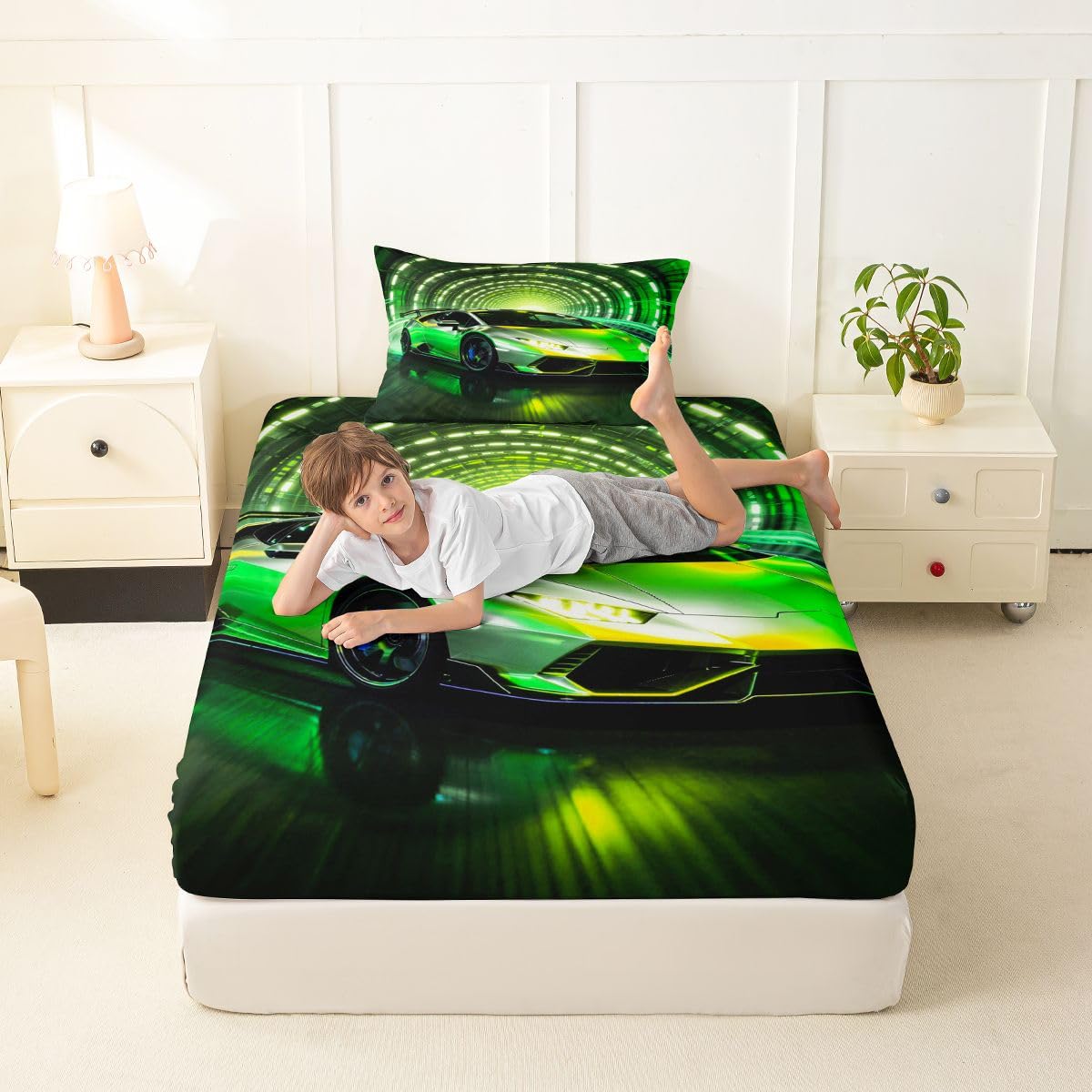 Feelyou Boys Race Car Fitted Sheet with 1 Pillowcase Twin Size Speed Sports Bed Sheets Set 16" Deep Pocket Boys Girls Racing Extreme Sports Bedding Teens Bedroom Decor Breathable Soft Lightweight