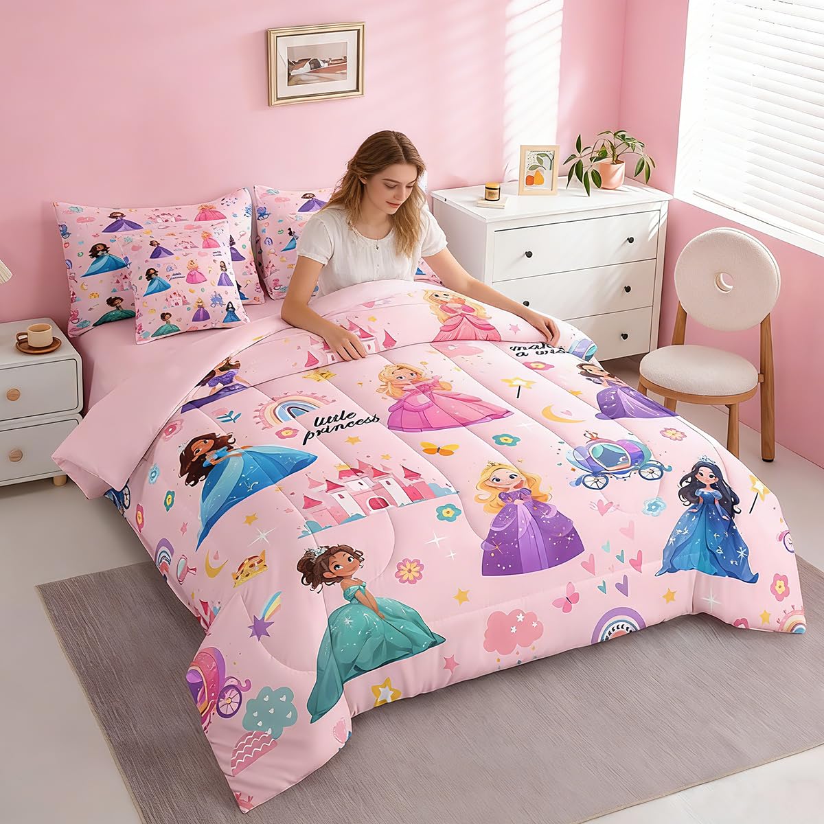 jejeloiu Kids 7 Piece Princess Bedding Set Queen Size Pink Castle Bed Set Includes Comforter, Sheet Set, Pillowcases & Pillow Covers Bedroom Decor Fairy Dreamy Bed in a Bag Breathable Soft