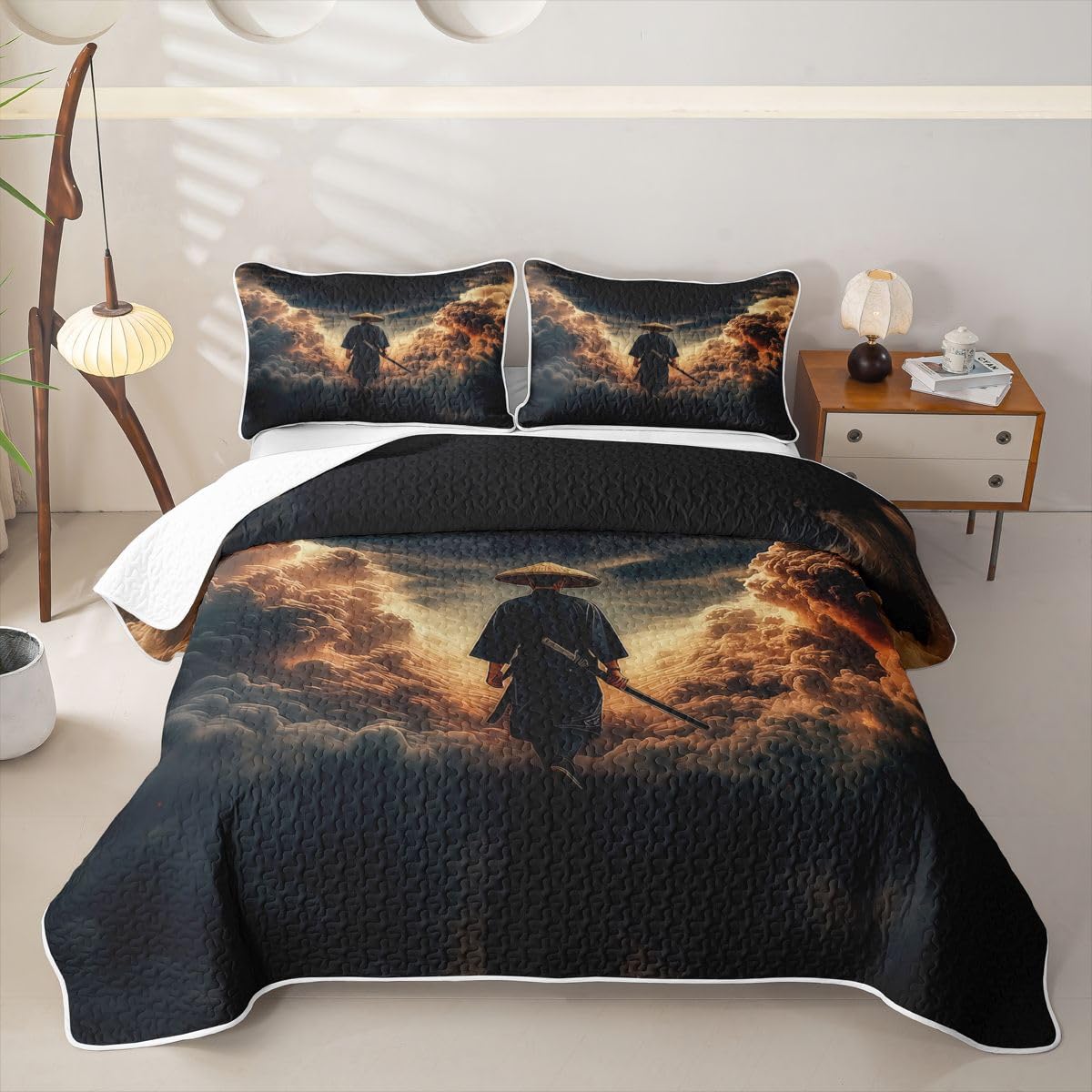 Erosebridal Japanese Bushido Quilts Twin Size - Samurai Bedspread Coverlet Set, Vintage Japanese Style Quilt Coverlets 2Pcs (Only 1 Pillowcase)