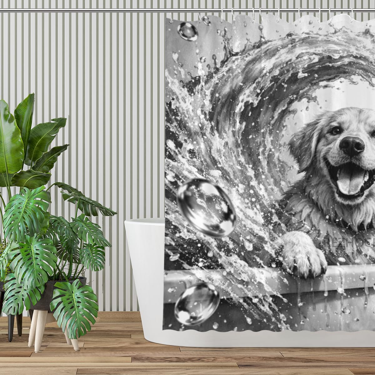 REZHOCH Black and White Dog Shower Curtain 72x72 Inch Happy Golden Retriever Splashing Water Wave Bathroom Decor,Fun Cute Animal Waterproof Fabric Modern Farmhouse Bath Set with Hooks