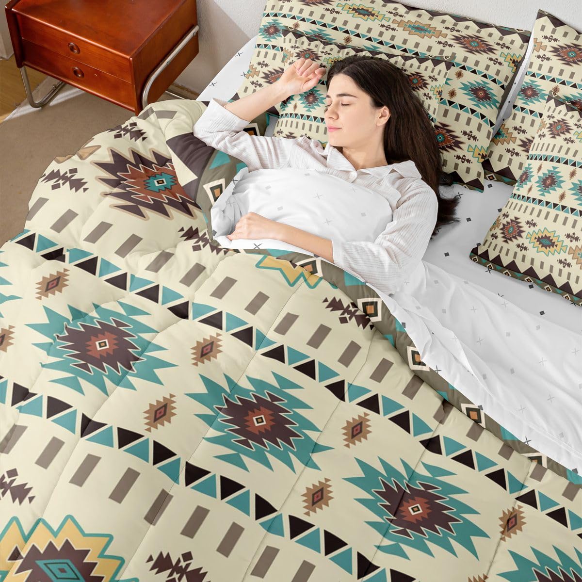 Erosebridal Aztec 7 Piece Bedding Set Queen Mysterious Comforter Set with Sheets Geometric Boho Rustic Farmhouse Bed in a Bag Native American Yellow for Teens Men Women