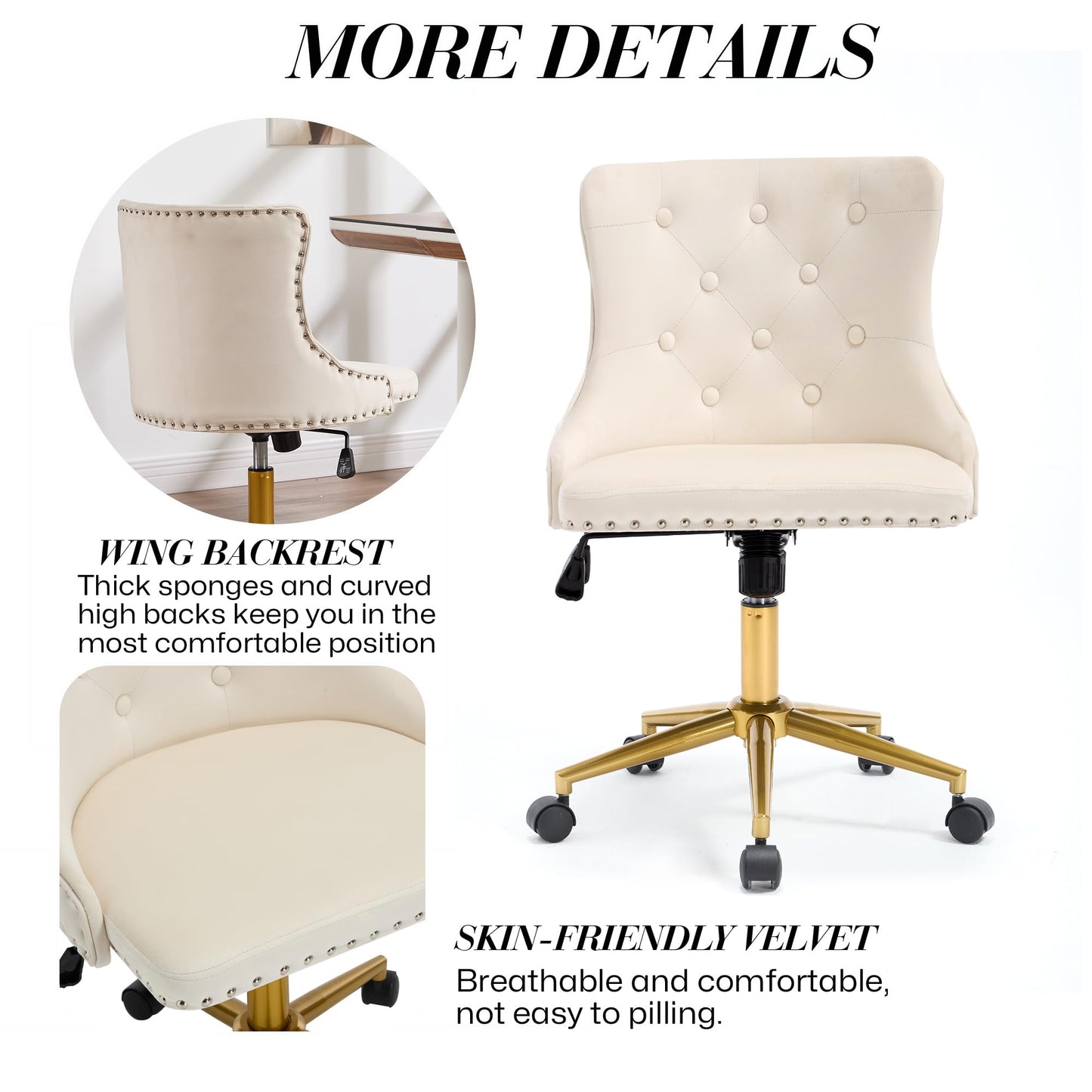 Beige Velvet Armless Desk Chair, Comy Vanity Chair with Rivet and Gold Base