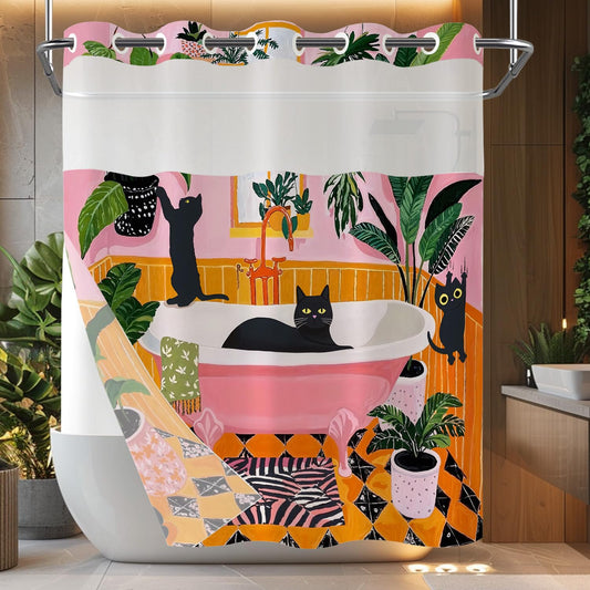 Fowocu No Hook Shower Curtain with Snap in Liner Funny Cat Shower Curtains for Bathroom Boho Cute Black Cats Matisse Green Tropical Plant Pink Orange Waterproof Fabric Bath Curtain Decor 71×74In