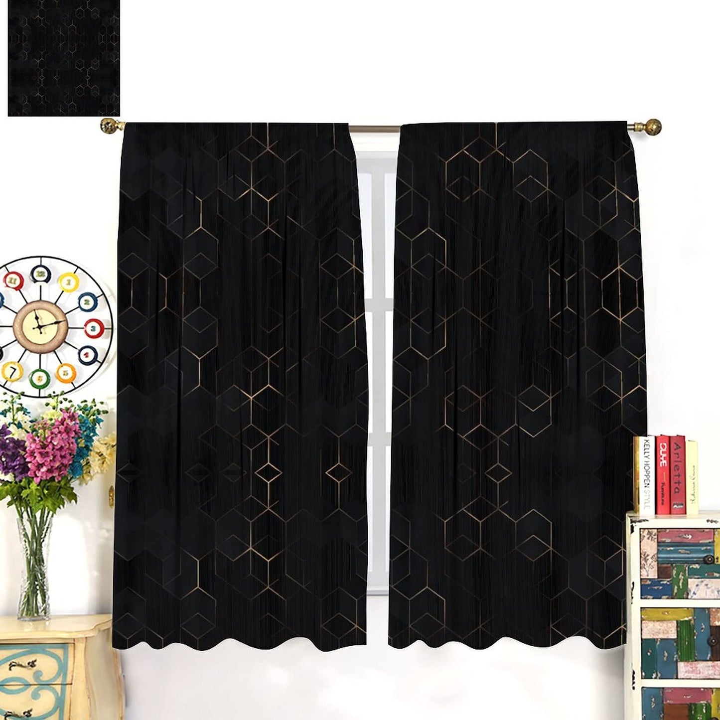 Luxury Abstract Blackout Curtains,Black Golden Light Lines Geometric Texture Illustration Blackout Window Door Curtains for Living Room Bedroom Decor W42xL45in