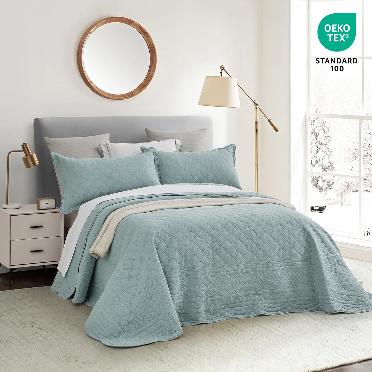 CHIXIN Cotton Bedspread Full Size - Real Stitching - Luxury Quilted Bedding Cover for All Season, Reversible, Ultra Soft, Lightweight, 3 Piece, Pale Blue