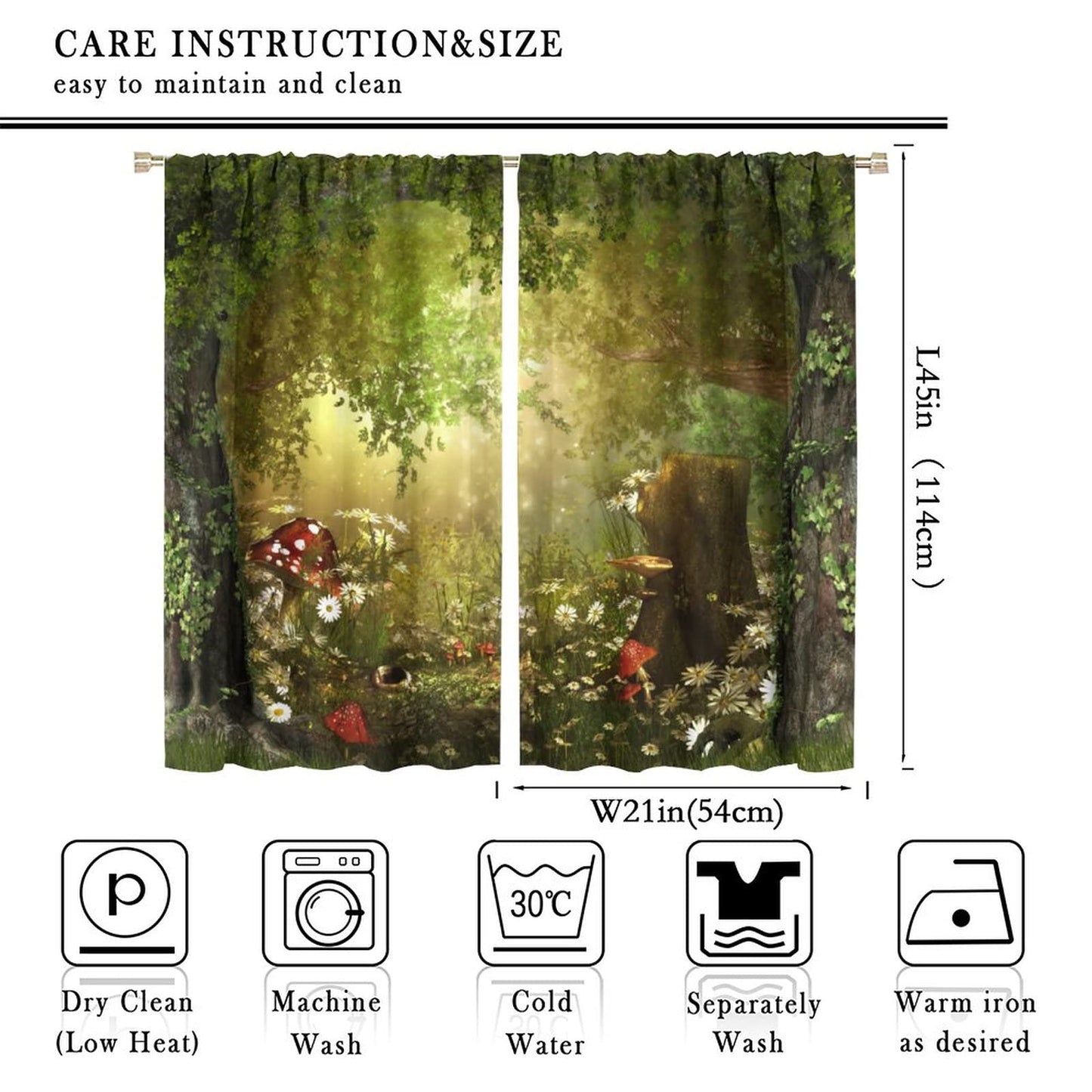Dream Forest Curtains Beautiful and Charming Fairy Tale Lush Forest Land Mushroom Stumps Flowers Suitable for Kitchen Blackout Window Drapes Decoration 2 Panels Green 42x45 Inch