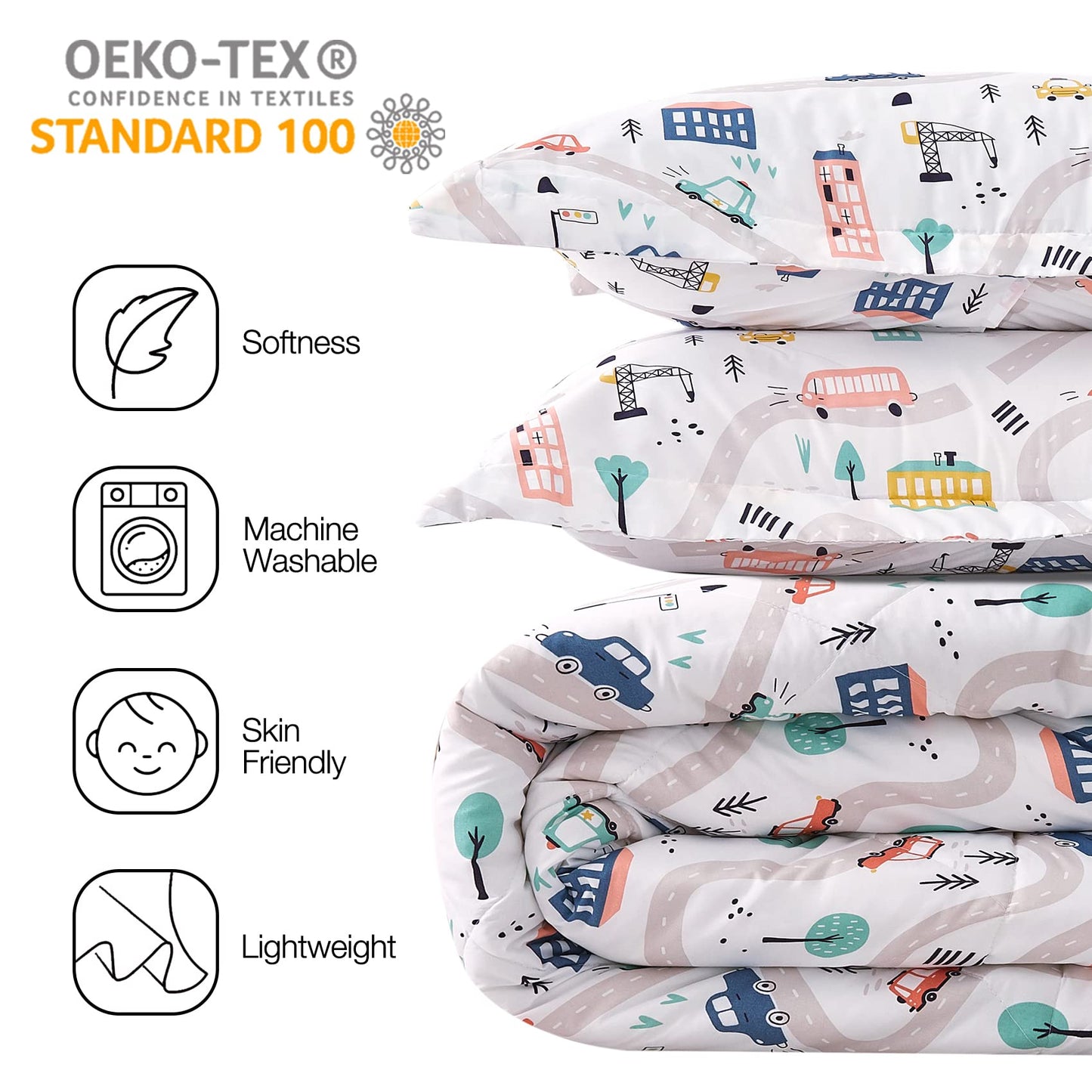 JSD Car Kids Comforter Set Queen Size, 3 Piece Microfiber Comforter with Pillow Sham, Machine Washable