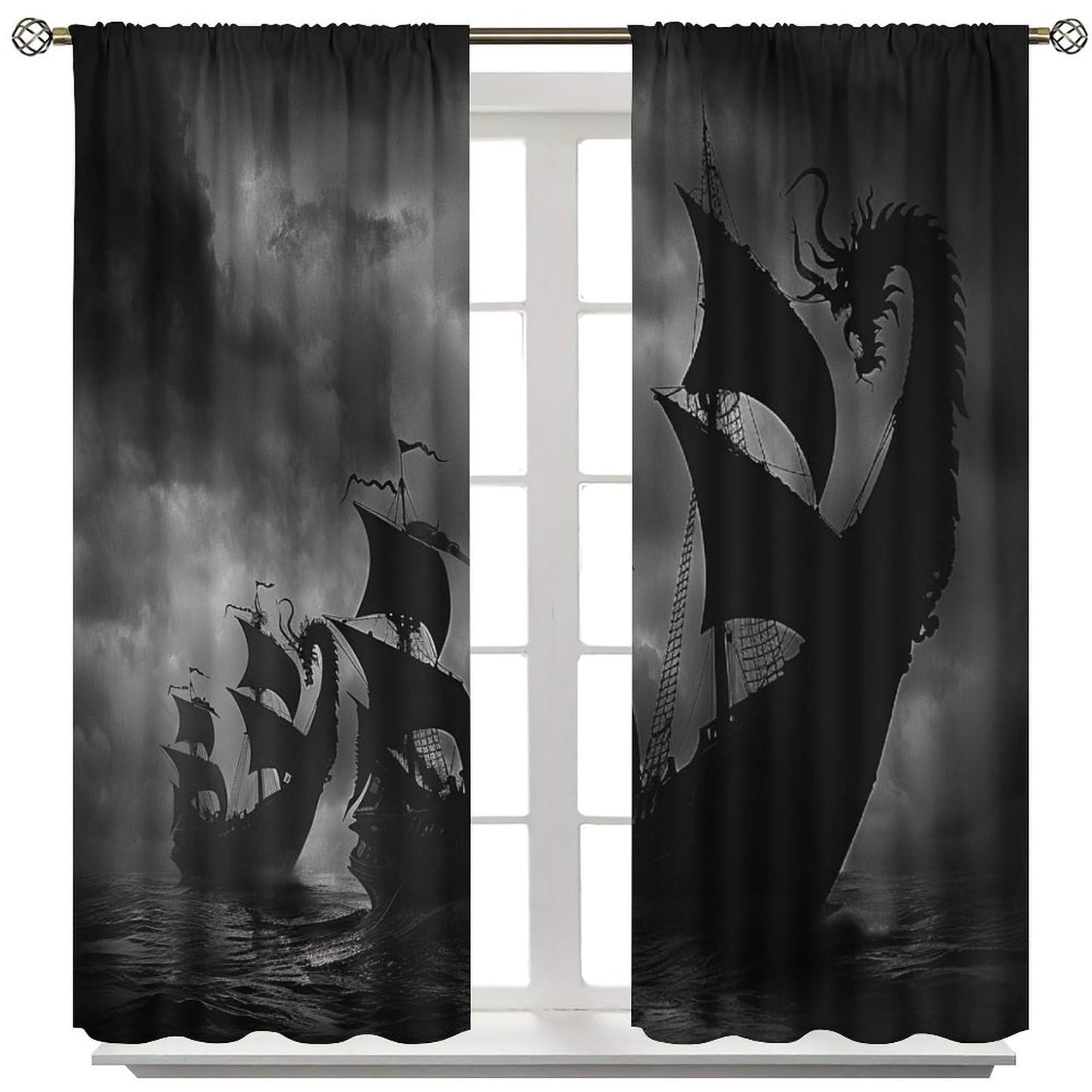 TOWINSFB Ancient Sailboat Wave Blackout Curtains, Medieval Ship Black Sky Home Decor Rod Pocket Window Drapes for Living Room Bedroom- 2 Panels, Each 63" L x 21" W