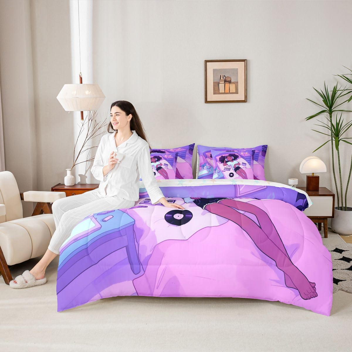 Erosebridal Cute Black Girls Magic Queen Bedding Set Cartoon Girl with Headphones Comforter Set Retro Vinyl Records 7-Piece Bed in a Bag Vibrant Purple Trendy Music Aesthetic Quilt Sets
