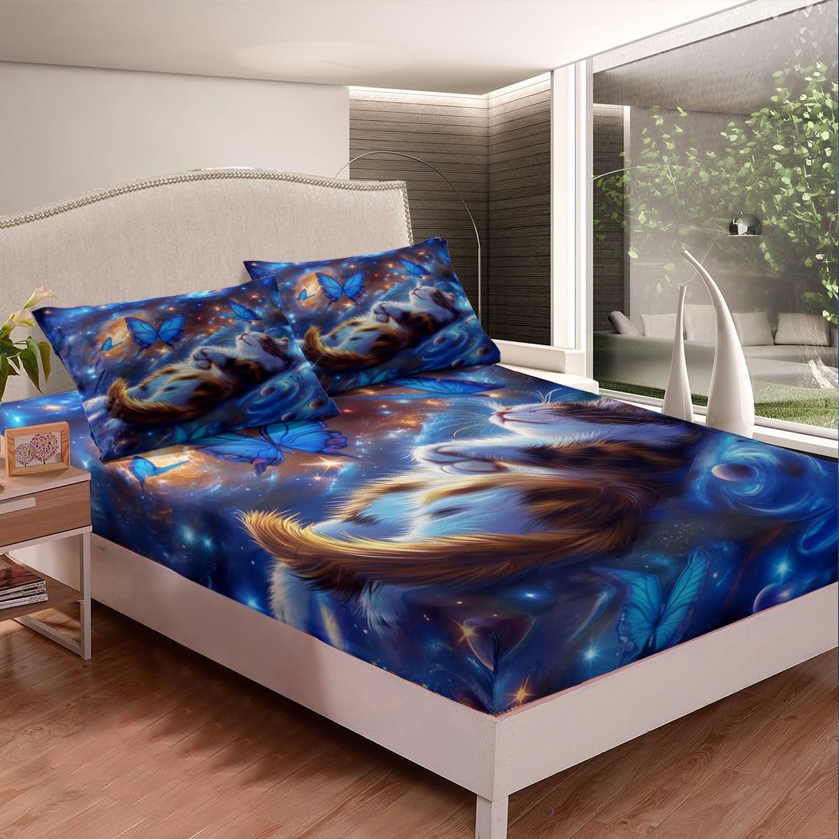 Kawaii Cat Kids Fitted Sheet Full Size,Planets Starry Sky Galaxy Bedding Set,Boys Girls Room Decor,Cartoon Butterfly Animal Rustic Farmhouse Bed Cover,Blue Bed Sheet,2 Pillowcases