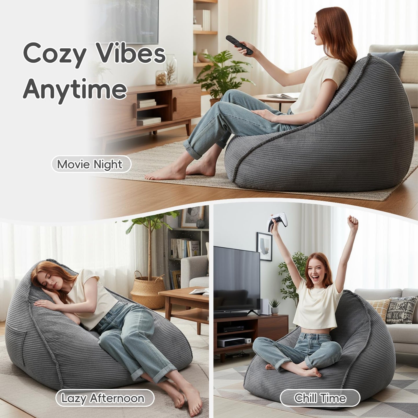 Bean Bag Chair with Ottoman for Adults, Large Corduroy Bean Bag Couch, Boneless Chaise Lounge Reading Chair with High-Resilience Foam, Floor Lounger for Bedroom Living Room (Grey)