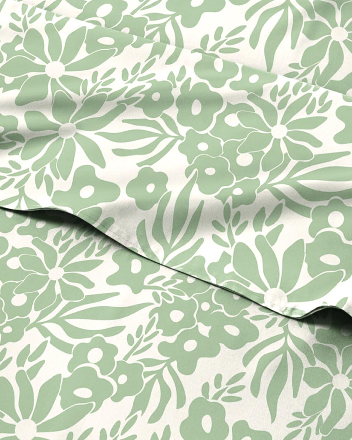 Floral Sheets - Green Flower Bed Sheet Set - 1 Flat, 1 Fitted & 2 Pillowcases w/ Deep Pockets - Comfy, Cozy, Wrinkle & Fade Free - Boho Botanical Bedding - Soft, Breathable & Cooling - Queen Size Set