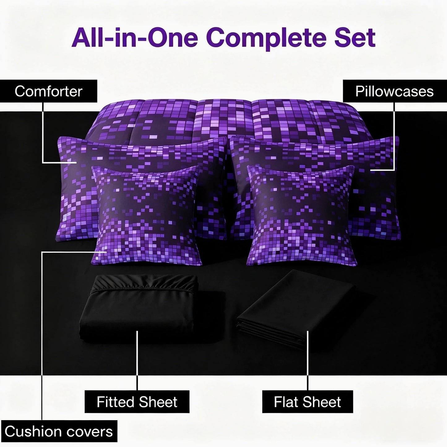 Feelyou Purple Black Pixel Art Comforter Set with Sheets 7 Piece Twin Size Gamer Bed in a Bag Kids Boys Girls Retro Pixel Bedding Set Gamer Room Decor Bedroom Decor Soft Lightweight Microfiber
