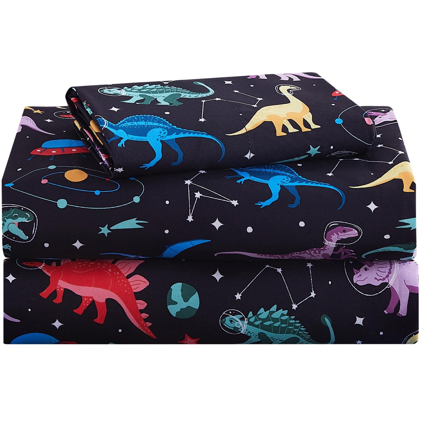 lasoftan Kids Sheet Set Twin Size, Twin Sheet Set with Space Dinosaur Pattern，Breathable Silky Soft Microfiber Kids Fitted Sheet