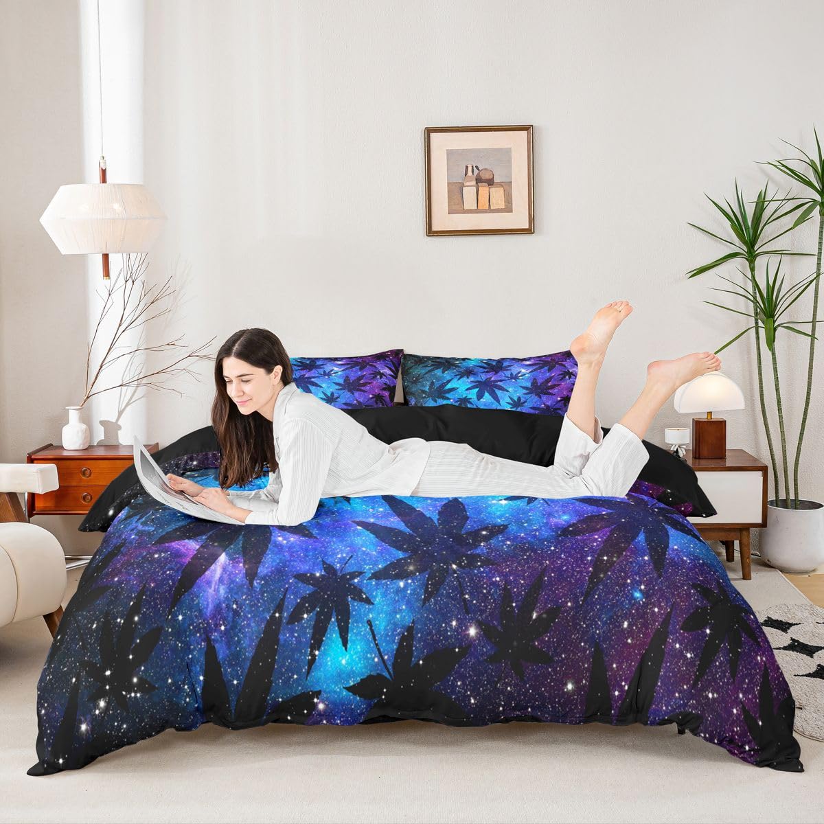 Erosebridal Leaves Duvet Cover Teens Galaxy Bedding Set Full Size for Women Men Youth Chic Purple Blue Quilt Cover Room Decor