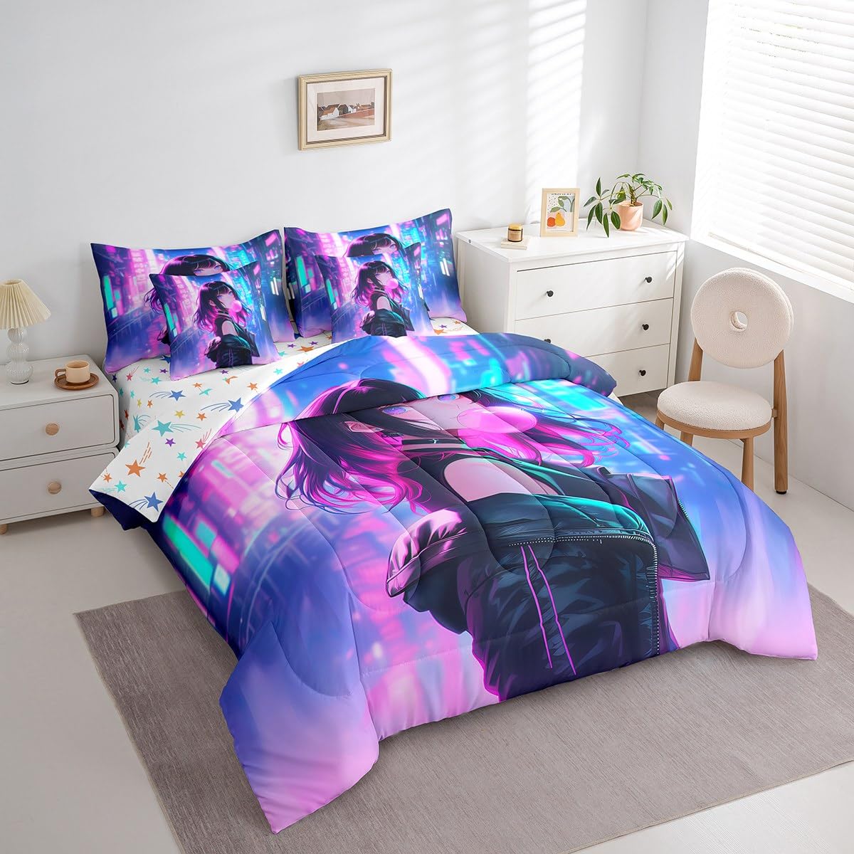 Erosebridal 7 Piece Anime Girl Comforter Set with Sheet Twin Size, Kawaii Japanese Anime Bedding Set for Kids Boys Teens Adult Women, Cartoon Girl Bed in a Bag Japan Animation Bedroom Decor