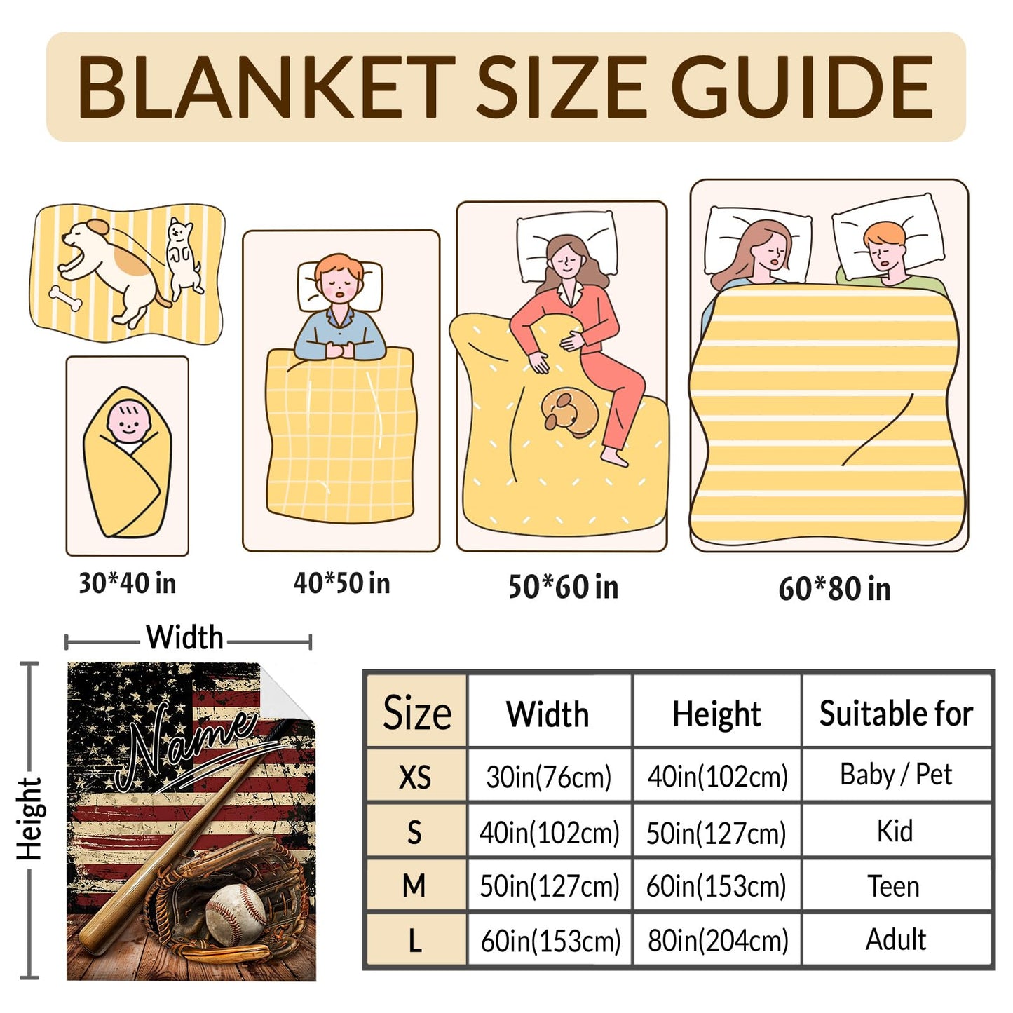 PAKKITOP Baseball Blanket, Personalized Boys Throw Blanket for Baseball Lovers Team Players, Custom Retro 40x50 Inches Blanket Gift for Son Nephew on Chair Sofa Couch Bed Decor