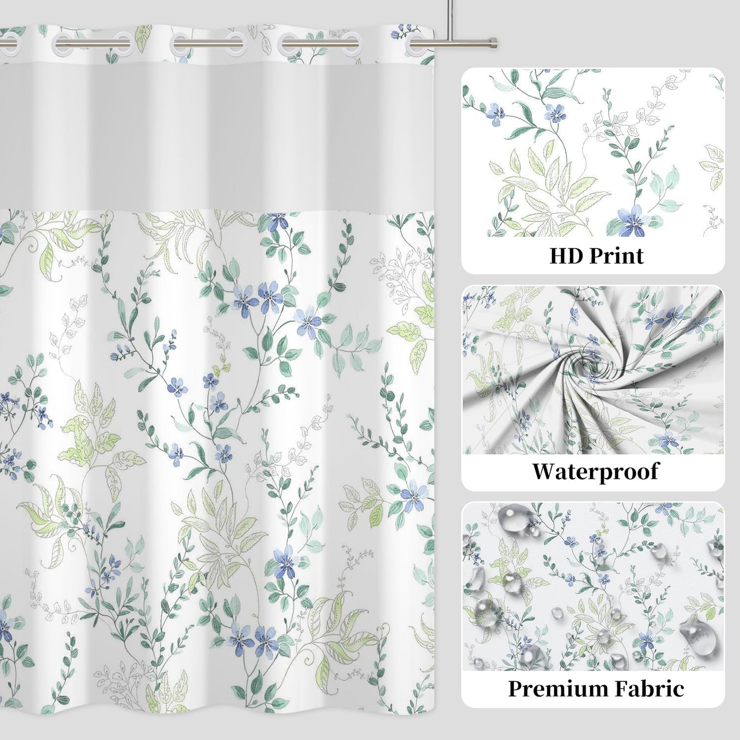 NAEMBCU No Hook Floral Shower Curtain with Snap in Liner 71x74 Inch