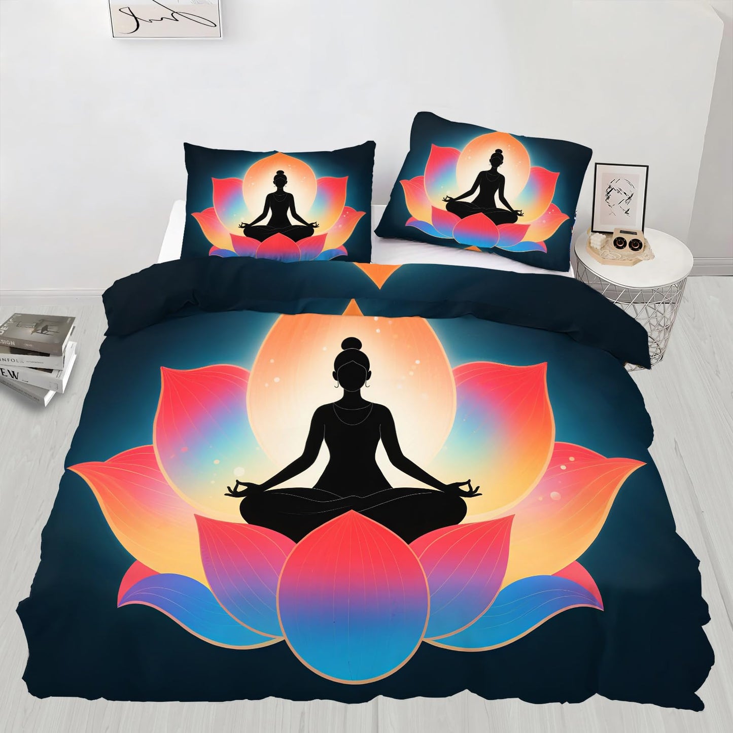 PAISUOQ Yoga Duvet Cover Queen Size, Abstract Lotus Bedding Sets, 3 Piece, Soft Microfiber Patterned Comforter Cover with Zipper Ties & 2 Pillowcase, Meditation Bedroom Decor & Gifts