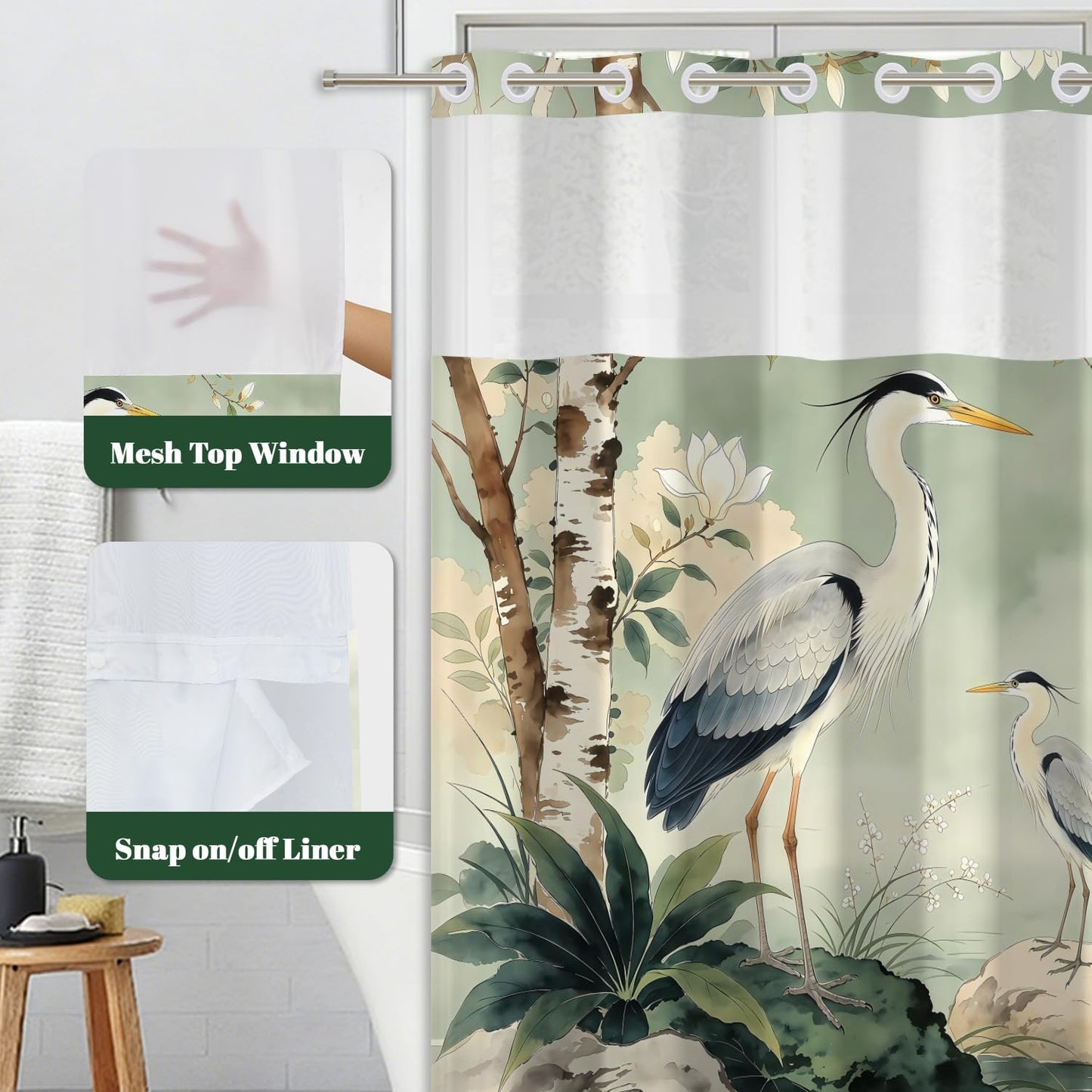 Xiazhilaio Zen Crane No Hook Shower Curtain with Snap in Liner, 71x74 Inch