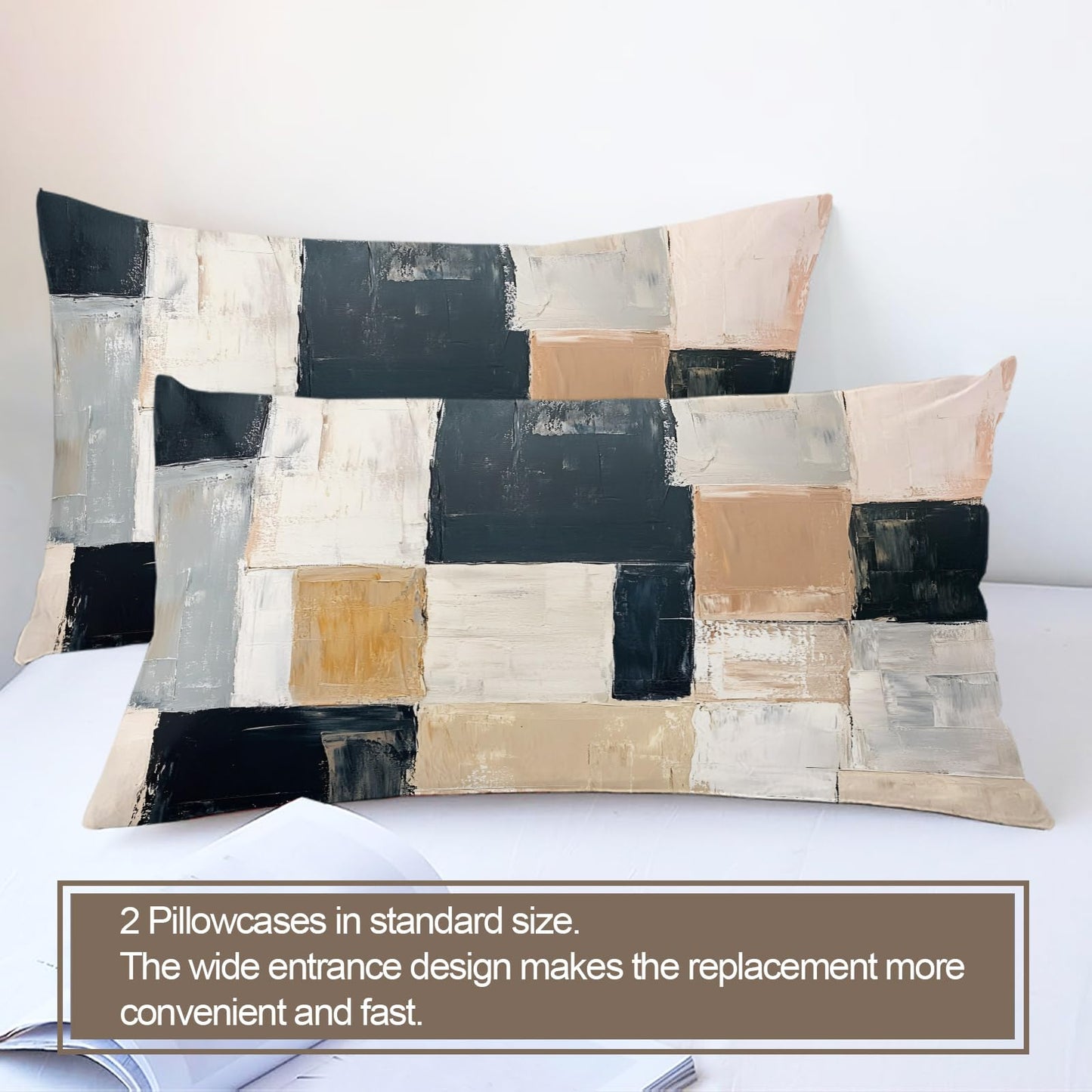 GKPLY Geometric Squares Comforters Queen Size, Modern Abstract Bedding Sets, Minimalist Block Duvet Cover, Zipper Closure, 2 Pillowcases, Reversible Print - Boho Neutral Bedding