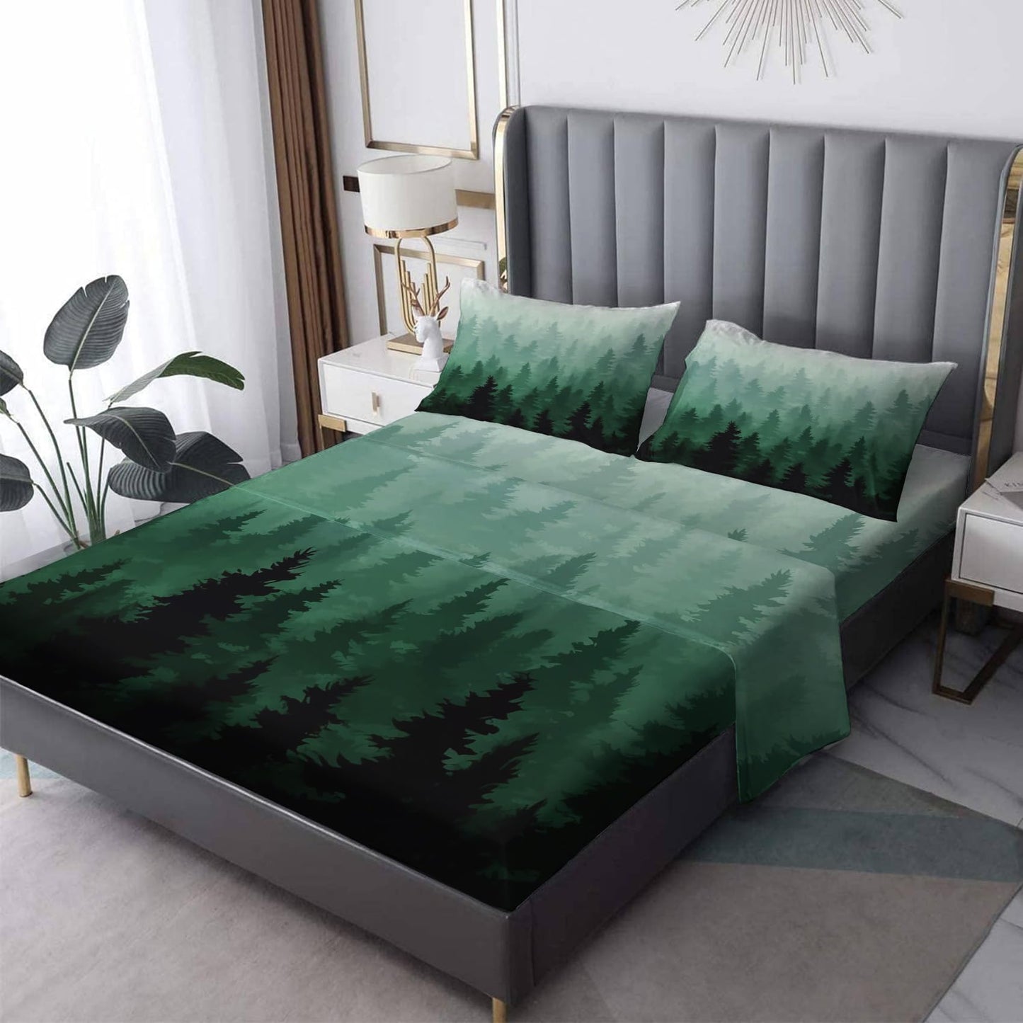 THYUNQ Forest Split King Sheets Sets for Adjustable Bed, Nature Woodland Pattern Sheet Set - 16 Inch Deep Pocket, Super Soft Microfiber Printed Bedding Sheets & Pillowcases 5 Piece