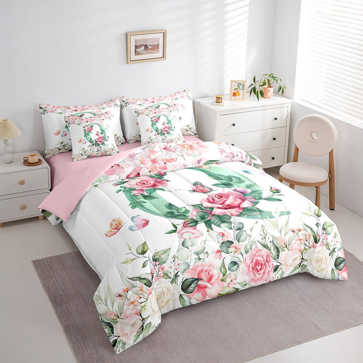 Erosebridal Initial Alphabet Bed in A Bag for Kids Boys Girls,Green Watercolor Letter Bedding Set Personalized Letter Twin Comforter Set 7 Piece Pink Flowers Garden Plants Sheet Set with Comforter