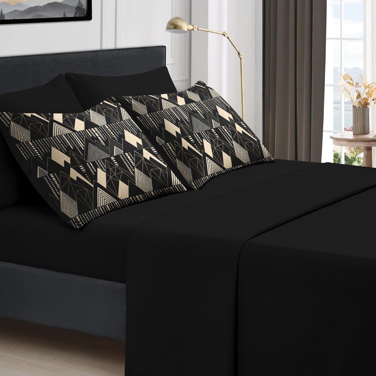 Boewywh Comforter Set Twin Size Mountain Geometric Gold 7 Pcs, Bedding for Kids and Adults, Modern Abstract Bed Sheet Sets with Fitted Sheet 2 Pillowcases & 2 Shams for Bedroom Bed Decor