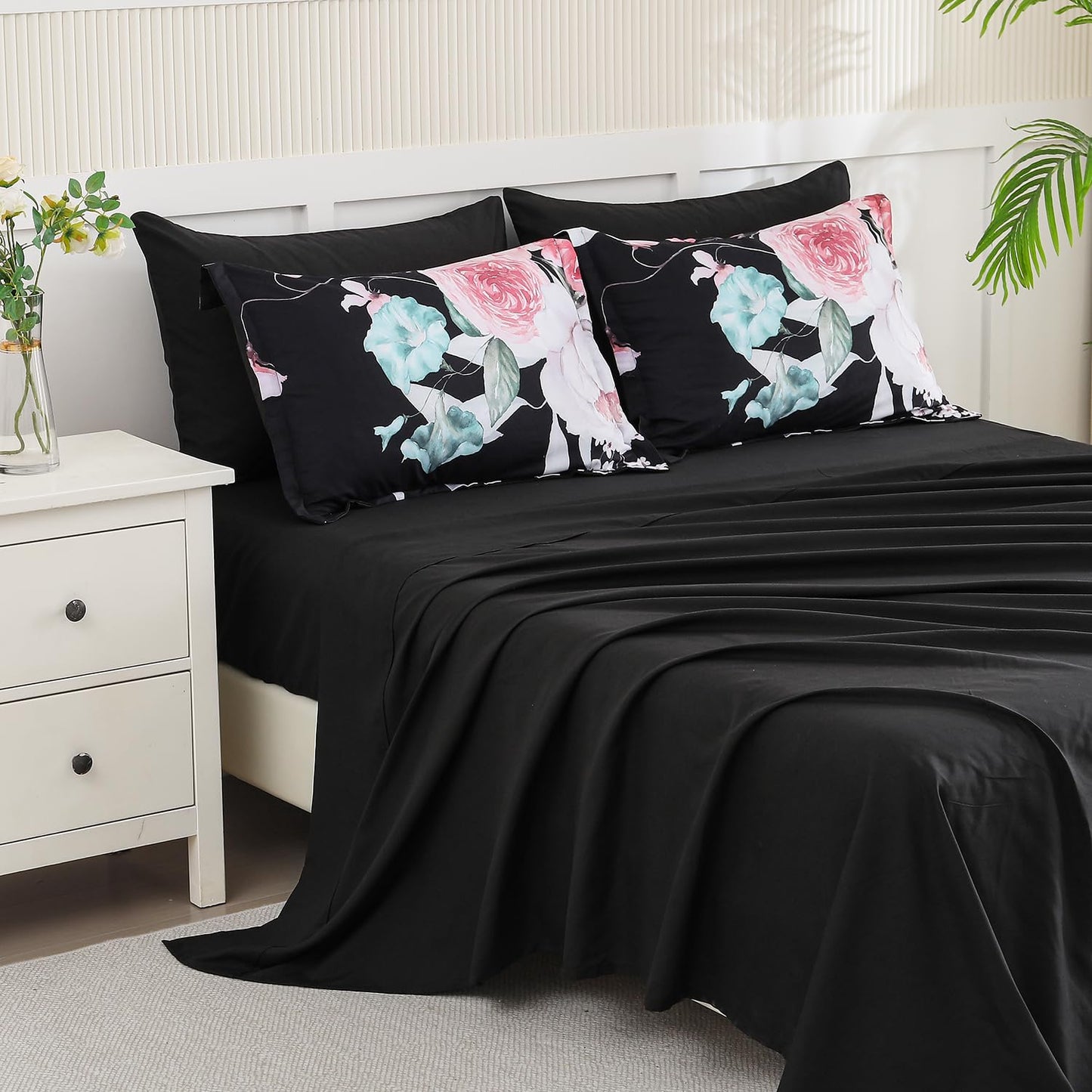 Yogeneg Queen Comforter Set 7 Piece Bed in a Bag,Pink Floral Botanical Pattern Black Bedding Set,Soft Microfiber Comforter with Sheet Set,All Season Bed Set(Pink,Queen)