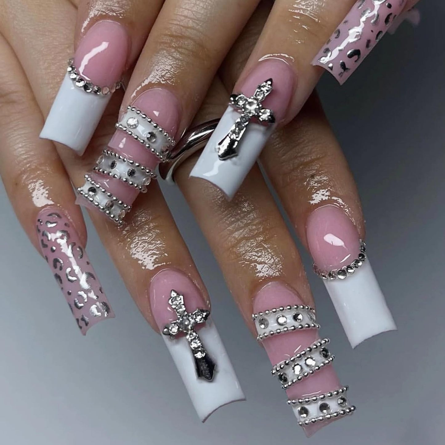 MISUD Press on Nails - Long Square Glue on Nails with White French Tip, Acrylic Y2K Cross Design 24 pcs